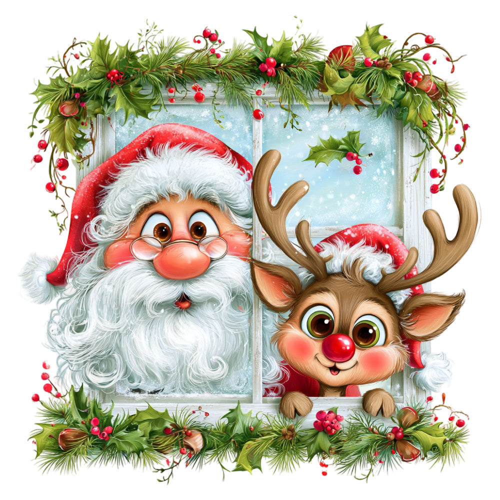 christmas, santa, reindeer, holiday, red, white, green, festive, whimsical, jolly, winter, evergreen, holly, berries, red nose, cute characters, seasonal, traditional, cheerful, playful, window scene, snowy, december, nostalgic, vintage christmas, family friendly, decorative, children's, conversation print, themed panel