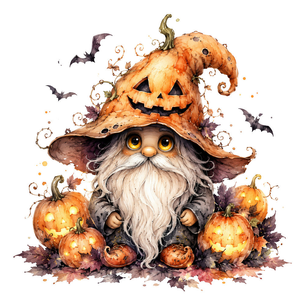 halloween, autumn, fall, pumpkin, gnome, wizard, witch hat, jack-o-lantern, orange, cream, tan, brown, gray, burgundy, gold, spooky, whimsical, folk art, magical, fantasy, nature, seasonal, holiday, decorative, bats, leaves, pumpkins, cottage core, rustic, children