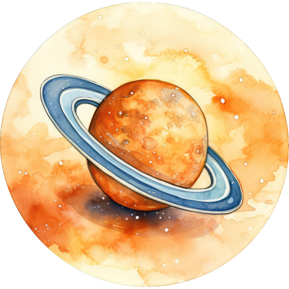 planet with rings, saturn, space, celestial, astronomy, watercolor, orange, rust orange, burnt orange, cream, pale yellow, navy blue, light blue, abstract watercolor, whimsical, dreamy, cosmic, galactic, nature inspired, modern art, wall hanging, home decor, decorative panel, children's fabric, educational theme, science theme, outer space, planetary, gradient background, artistic illustration