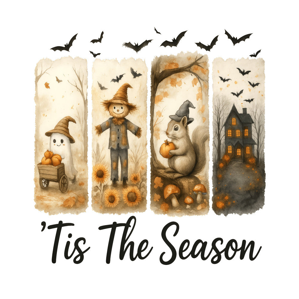 autumn, fall, halloween, spooky, whimsical, vintage, rustic, farmhouse, cream, tan, brown, orange, black, gold, pumpkin, scarecrow, ghost, haunted house, squirrel, bats, sunflowers, mushrooms, pumpkins, leaf, leaves, seasonal, "tis the season", folk art, cottage core, harvest