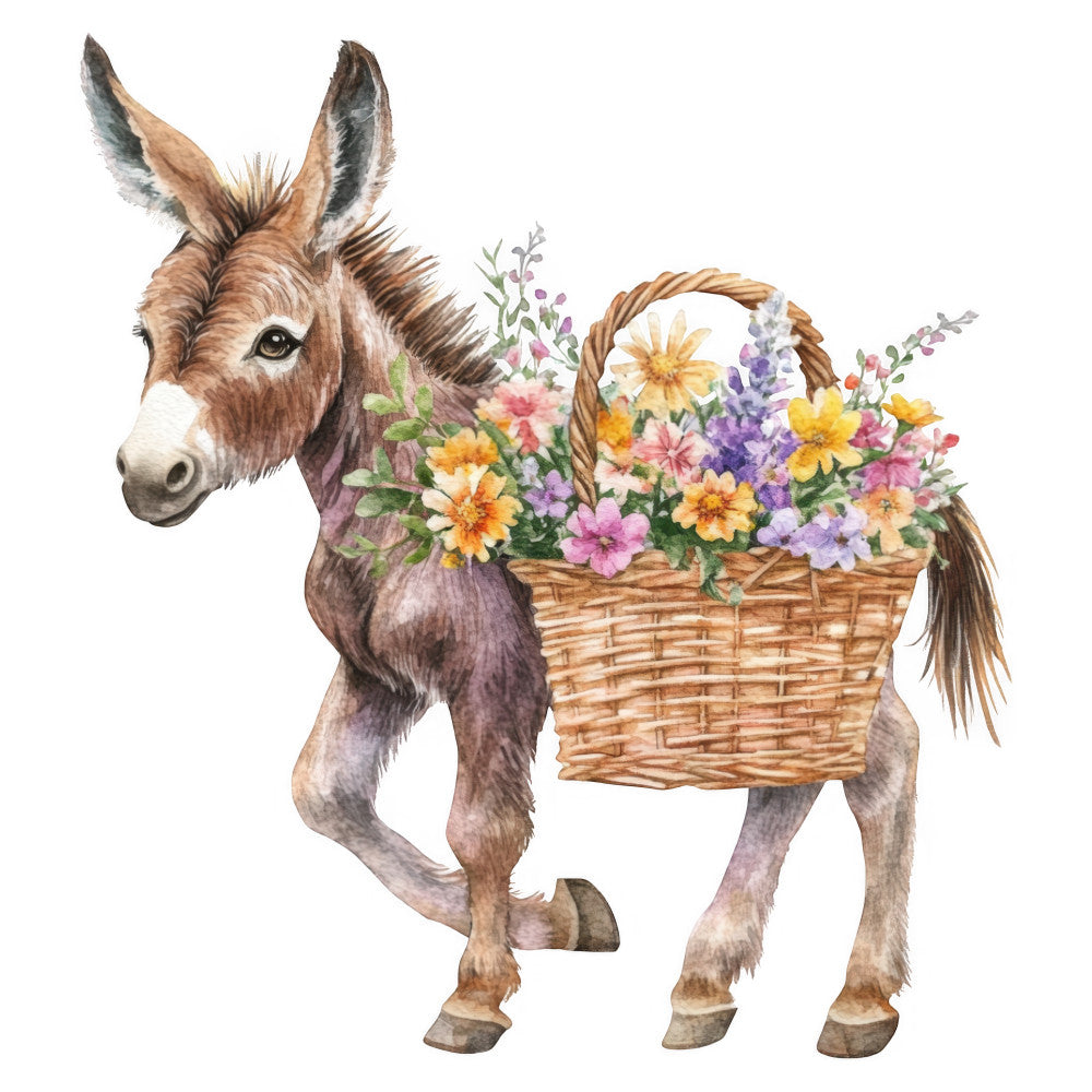donkey, flowers, floral, basket, spring, summer, whimsical, farmhouse, rustic, cute animals, colorful, yellow, purple, pink, cream, brown, tan, daisies, wildflowers, nature, garden, pastoral, cheerful, children's, baby, folk art, vintage, botanical, country, cottage core