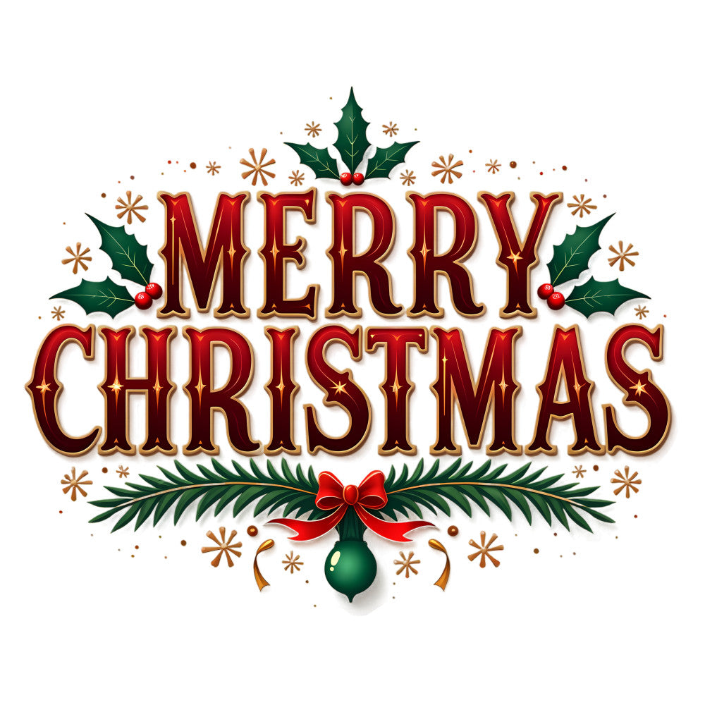 red lettering, green holly, christmas ornament, festive panel, holiday fabric, pine branches, red berries, gold accents, decorative stars, christmas greeting, seasonal motifs, white background, red ribbon bow, green bauble, holiday quilting, christmas crafting, festive colors, winter celebration, holly leaves, ornamental design