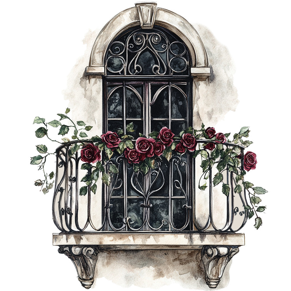 watercolor illustration, european balcony, wrought iron railings, arched window, stone architecture, deep red roses, burgundy flowers, climbing vines, green foliage, romantic mood, vintage style, gothic elements, fabric panel, quilting cotton, floral design, architectural scene, ornate ironwork, cream background, dark romance, moody palette