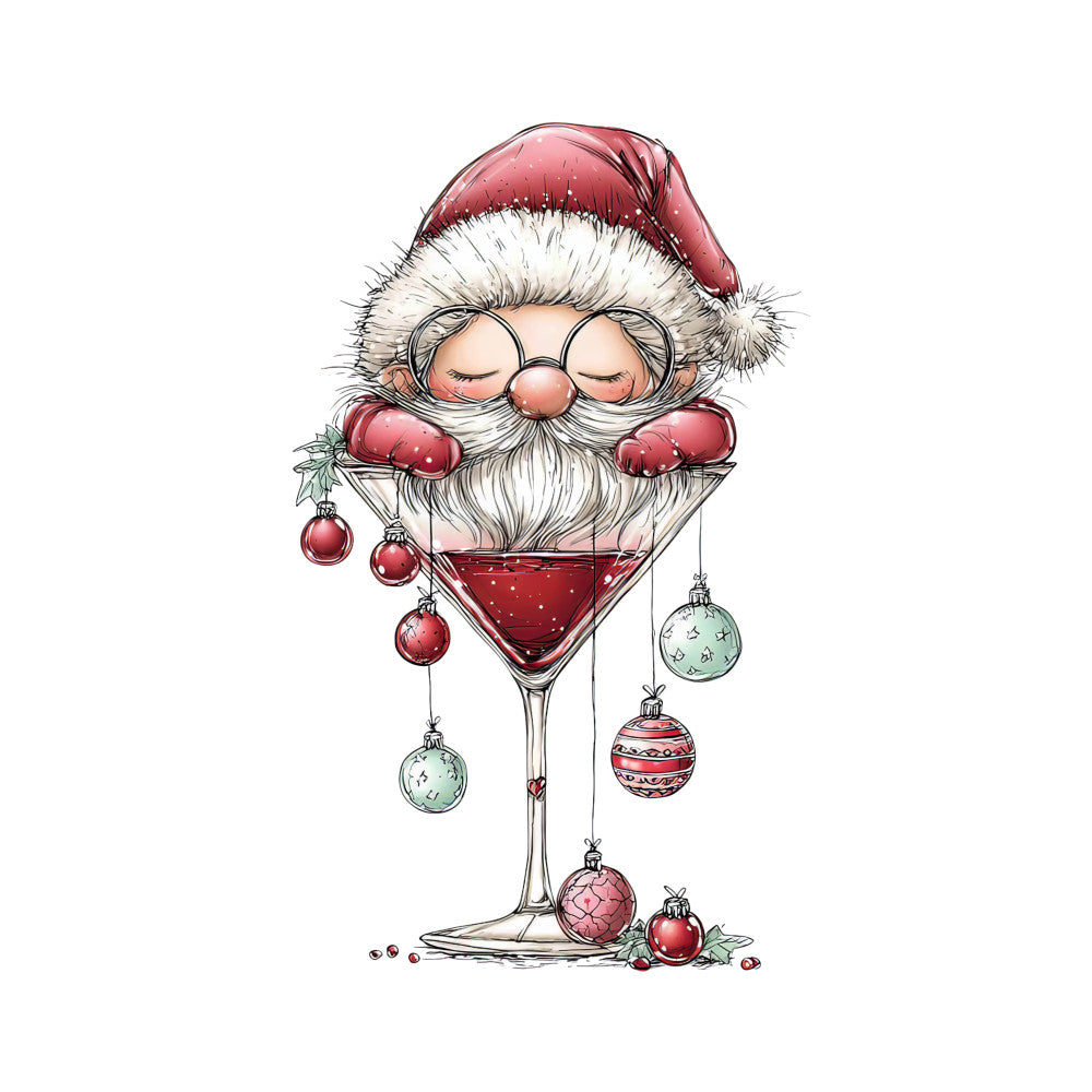 red, white, pink, green, christmas ornaments, santa claus, cocktail glass, martini glass, whimsical illustration, holiday theme, festive design, fabric panel, quilting cotton, christmas decorations, baubles, santa hat, beard, glasses, seasonal craft, holiday sewing
