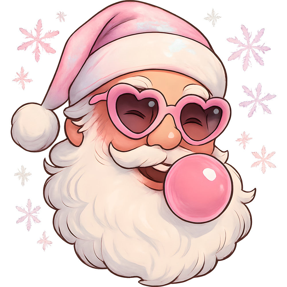 pink, christmas, santa claus, heart sunglasses, bubble gum, snowflakes, cute, kawaii, pastel colors, whimsical, fabric panel, quilting cotton, holiday theme, cheerful, playful design, winter, festive, cartoon style, craft fabric, sewing panel