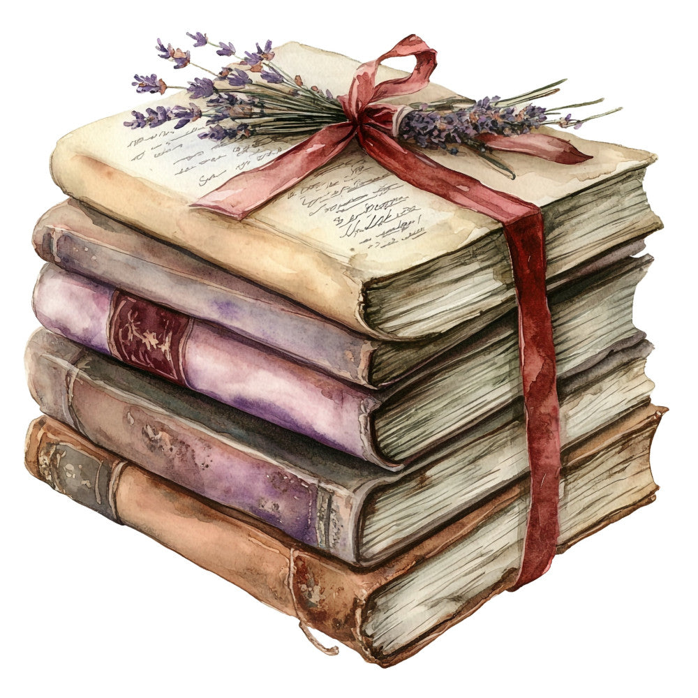 vintage books, antique literature, lavender, dusty rose, mauve, cream, tan, brown, stacked books, literary, nostalgia, romantic, elegant, classic, traditional, whimsical, book lover, library, scholarly, feminine, delicate, ribbon, dried flowers, lavender bouquet, vintage aesthetic, cottagecore, bookish, timeless, old world charm