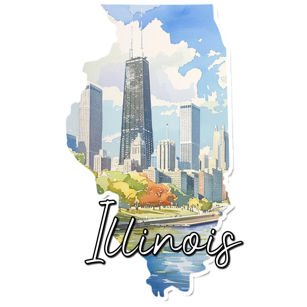 chicago skyline, illinois state, cityscape, skyscraper, architecture, vintage travel, retro poster, tourist destination, urban landscape, sky blue, cream, sage green, burnt orange, autumn foliage, waterfront, lake michigan, illustration style, mid-century modern, nostalgic, travel themed, americana, scenic, park setting, trees, buildings, decorative, wall hanging, home decor, geographical, state pride