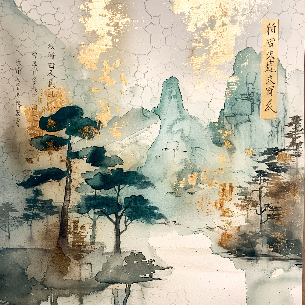 sage green, teal blue, golden yellow, cream beige, watercolor wash, mountain landscape, pine trees, misty atmosphere, asian calligraphy, rice paper texture, fabric panel, quilting cotton, serene mood, nature scene, distant peaks, forest silhouettes, ethereal quality, soft brushstrokes, oriental art style, tranquil setting