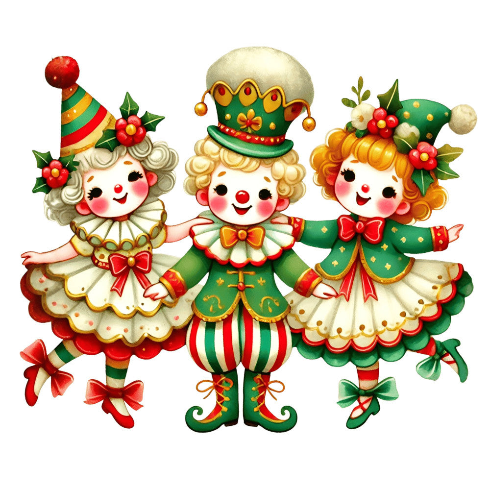 christmas, holiday, festive, whimsical, vintage, retro, jolly, red, green, gold, cream, ivory, clown, circus performer, jester, clown faces, happy faces, smiling characters, decorative, playful, nostalgic, mid-century, cheerful, fun, children's, whimsy, seasonal, winter, celebration, embellished