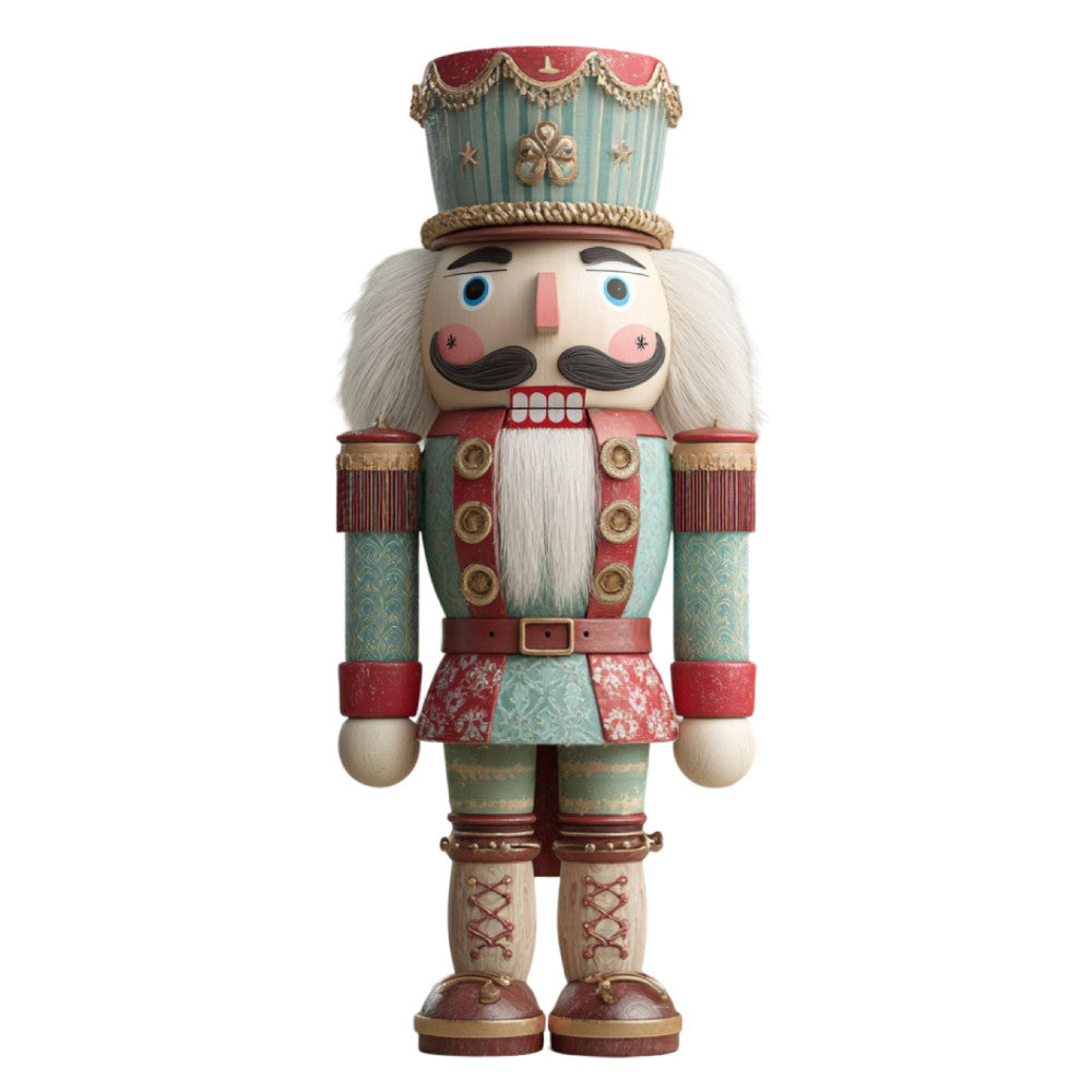 nutcracker, holiday, christmas, traditional, whimsical, vintage, festive, soldier, toy soldier, sage green, dusty blue, red, cream, white, gold accents, ornate, elegant, decorative, seasonal, winter, nutcracker soldier, bearded character, royal, regal, damask pattern, striped, embellished, wall hanging, decorative panel, home decor