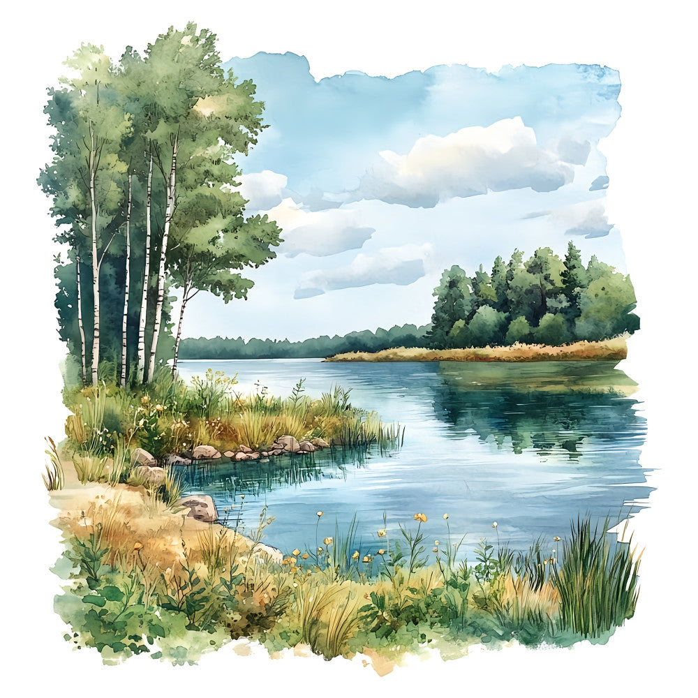 landscape, watercolor, nature, lake, water, trees, birch trees, sky, clouds, scenic, pastoral, peaceful, rustic, summer, spring, outdoor, riverside, forest green, sky blue, cream, tan, beige, gold, botanical, wildflowers, reeds, grass, tranquil, countryside, wall hanging