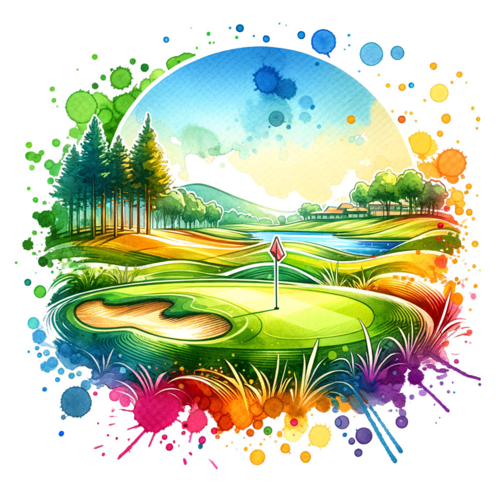 watercolor, golf course, green fairway, flag pin, trees, landscape, nature scene, rolling hills, vibrant colors, blue sky, orange splashes, purple accents, yellow highlights, rainbow spectrum, paint splatters, artistic style, fabric panel, quilting cotton, sports theme, outdoor recreation