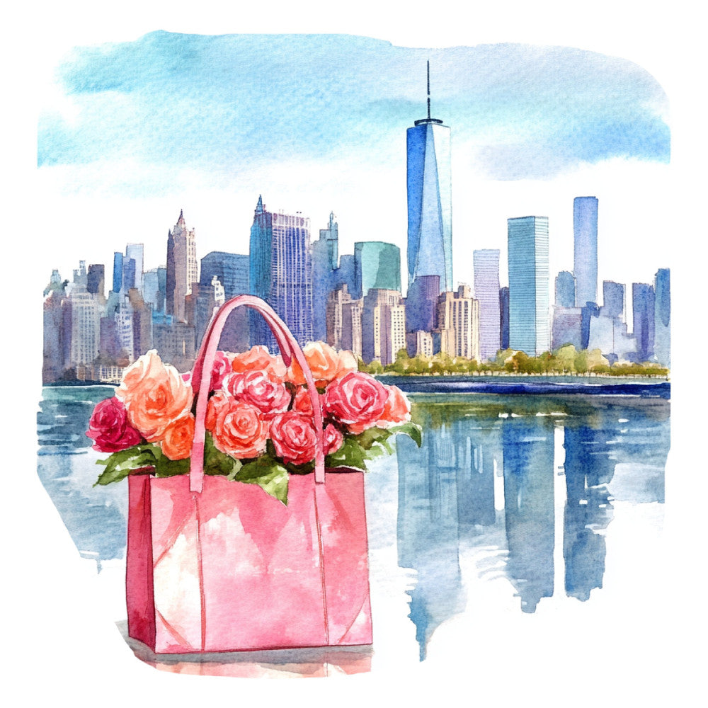 coral pink, rose red, sky blue, navy blue, cream, watercolor, floral, roses, botanical, cityscape, urban, new york, skyline, modern, elegant, whimsical, feminine, sophisticated, handbag, shopping bag, travel, cosmopolitan, fashion, spring, summer, watercolor effect, artistic, contemporary, romantic