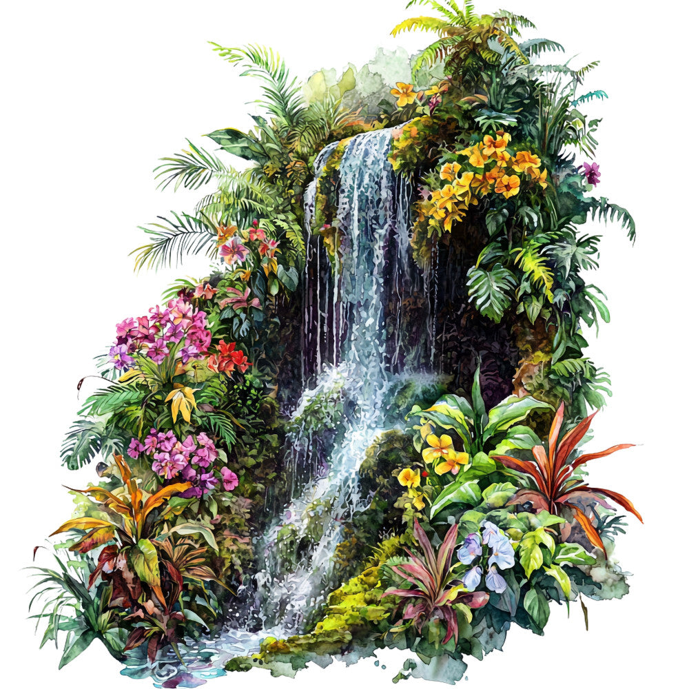waterfall, tropical flowers, lush foliage, vibrant greens, purple blooms, orange flowers, yellow blossoms, ferns, palm fronds, cascading water, jungle scene, hawaiian paradise, fabric panel, quilting cotton, nature illustration, botanical design, exotic plants, moss covered rocks, tropical rainforest, detailed artwork