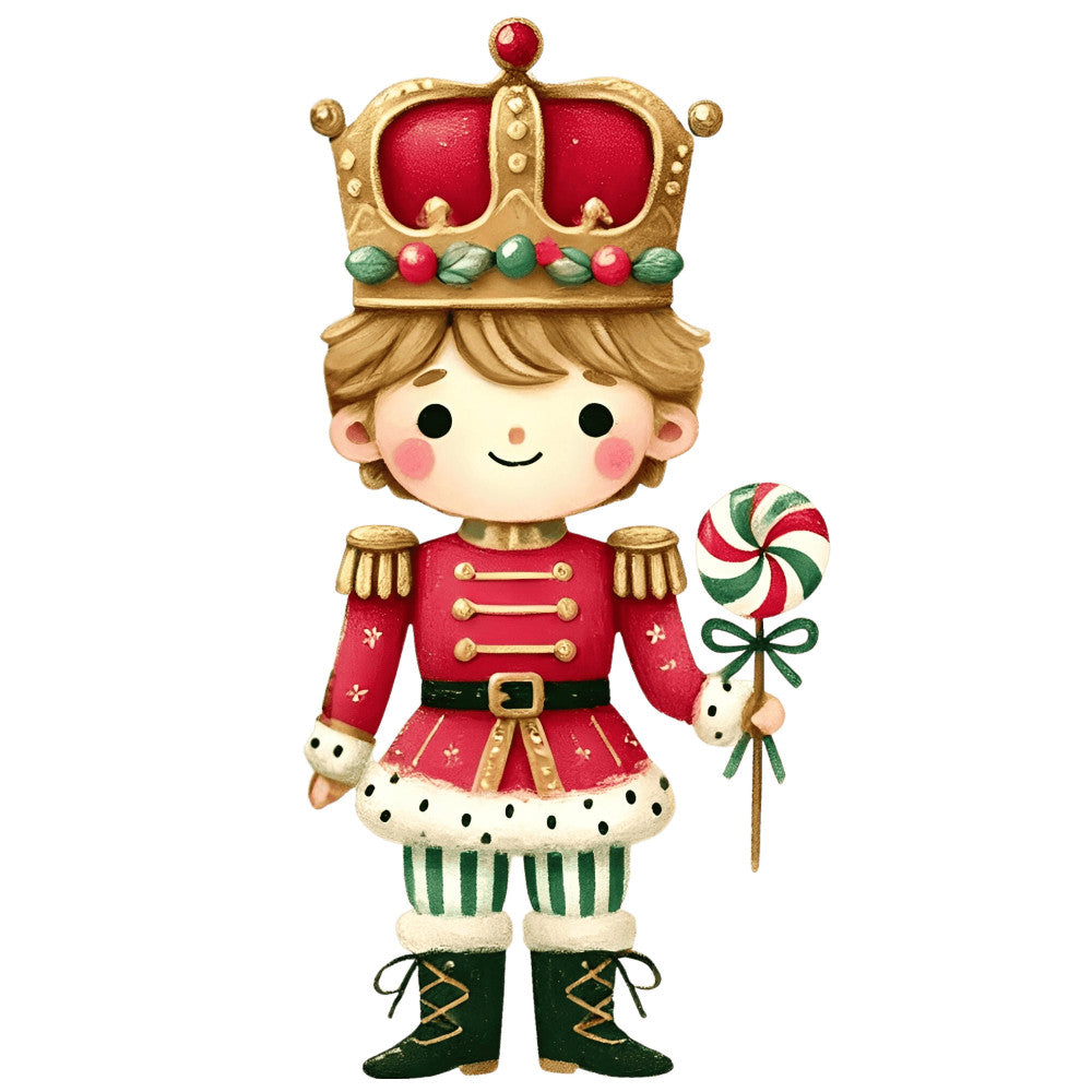 nutcracker, holiday, christmas, toy soldier, royal, crown, red, gold, green, cream, white, black, whimsical, festive, vintage, traditional, decorative, character, children's, candy cane, lollipop, striped, polka dot, majestic, elegant, nutcracker soldier, winter, seasonal, novelty