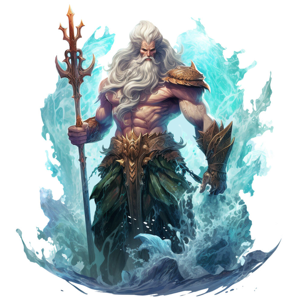 aqua blue, teal, gold, bronze, sea green, white, poseidon, neptune, trident, flowing beard, muscular figure, ocean waves, water splashes, mythological character, sea god, fantasy art, digital illustration, fabric panel, quilting cotton, marine theme, underwater scene, powerful deity, ornate armor