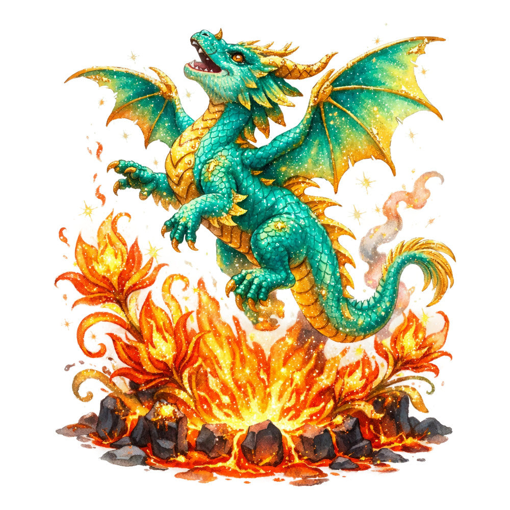 turquoise dragon, emerald green, golden yellow, orange flame, teal scales, fire, bonfire, fantasy, mythical creature, whimsical, magical, celestial stars, dragon design, campfire, nature, adventure, storybook, illustration art, jewel tones, warm colors, cool colors, dragon fantasy, enchanted forest, magical creatures, children's theme, adventure theme, detailed illustration