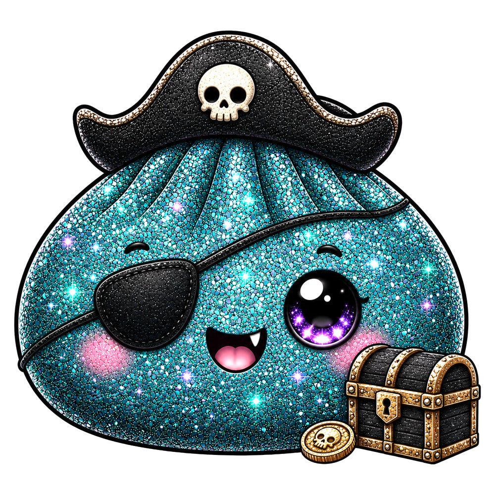 turquoise glitter, teal sparkle, black glitter, pink shimmer, purple eye, pirate theme, skull and crossbones, eye patch, treasure chest, gold accents, whimsical, cute character, kawaii, novelty, playful, children's, fantasy, adventure, nautical, metallic glitter, sequin effect, shimmering, treasure map, pirate ship, character face, animated, fun, magical, sparkly, embellished look