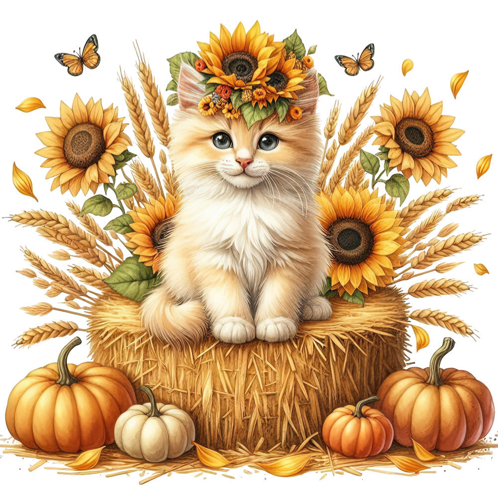 autumn, fall, sunflower, pumpkin, kitten, cat, fluffy, cream, golden yellow, orange, wheat, hay, butterflies, harvest, farmhouse, rustic, whimsical, cute, adorable, nature, botanical, seasonal, thanksgiving, cozy, warm tones, straw, leaves, petal, children's, playful