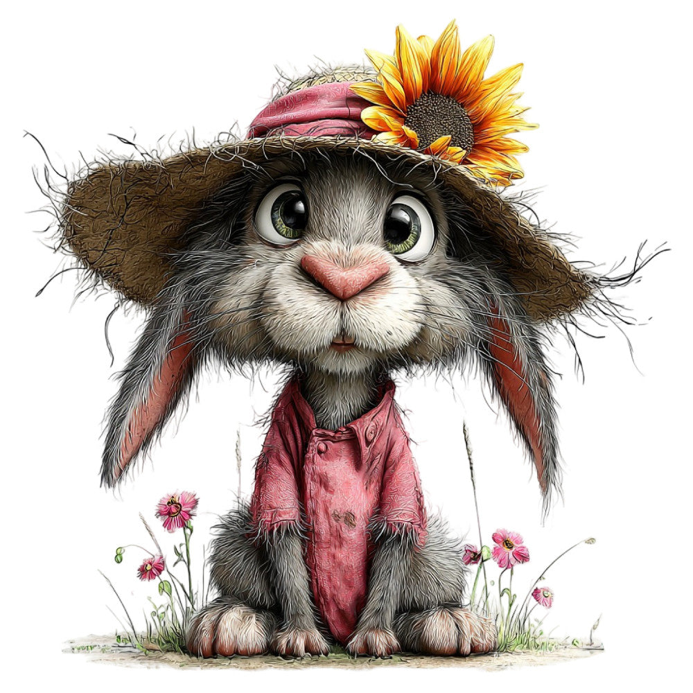 whimsical cat, adorable animals, woodland creatures, straw hat, sunflower, dusty rose, mauve pink, cream white, charcoal gray, brown, floral garden, spring flowers, daisy, nature-inspired, farmhouse style, rustic charm, cottagecore, sweet animals, character panel, children's fabric, nursery print, playful design, folk art, illustration style, garden theme, cheerful, vintage inspired, animal lover, cute critters, country style