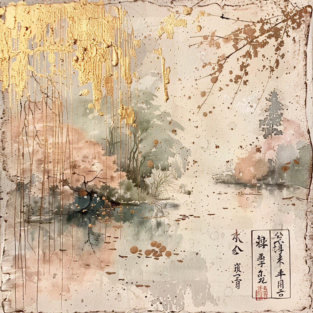 beige, cream, gold, sage green, dusty pink, brown, watercolor, landscape, nature scene, willow trees, branches, floral elements, asian art, serene, peaceful, distressed texture, aged appearance, fabric panel, quilting cotton, spring blossoms, botanical design, soft pastels, vintage wash, rice paper effect