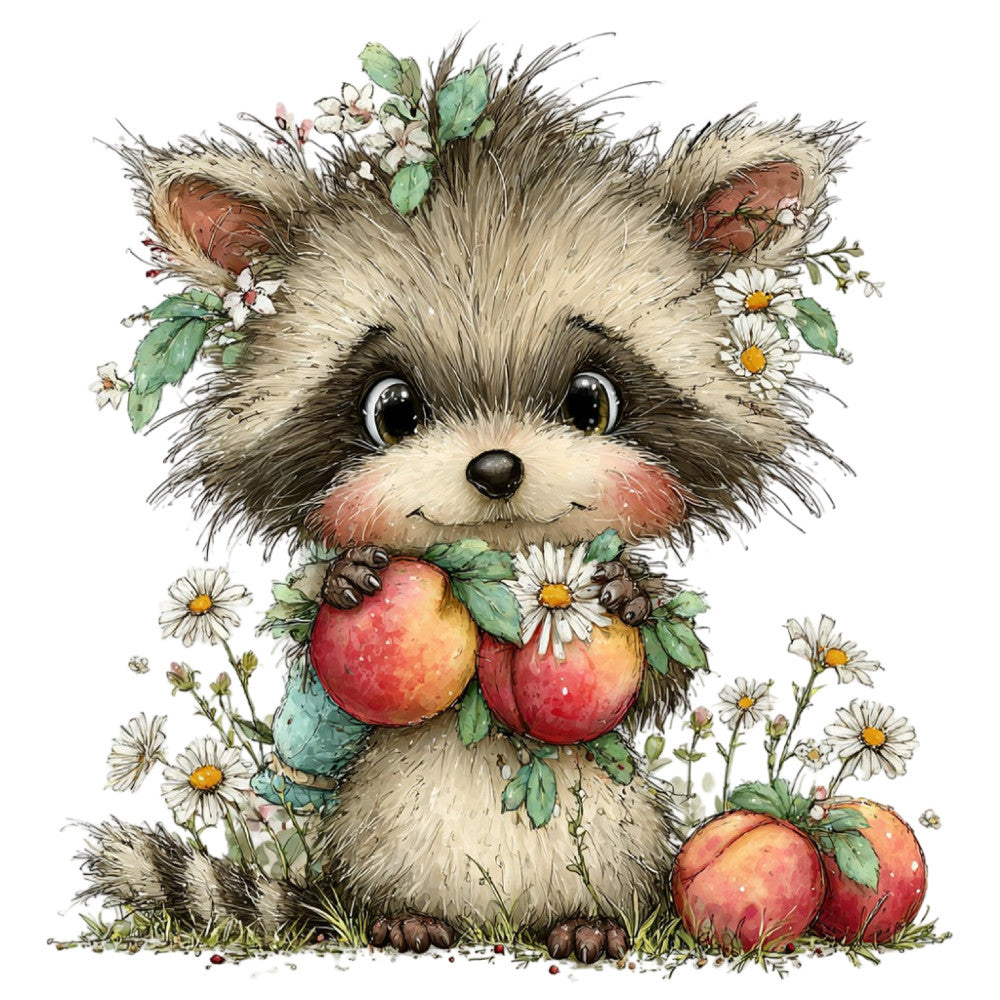 fluffy animal, cute creature, woodland animal, forest critter, whimsical design, illustration art, watercolor style, nature theme, botanical elements, daisies, flowers, apples, red apples, cream colored, tan, brown, forest green, yellow centers, spring theme, summer theme, autumn theme, storybook style, children's design, nursery theme, playful character, friendly expression, cottage core, farmhouse style, hand-painted look, detailed illustration