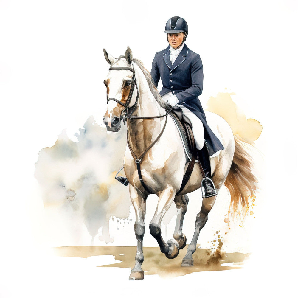 equestrian, horse riding, dressage, english riding, navy blue, cream, tan, beige, brown, gold, watercolor, sporting, elegant, traditional, classic, equine, rider, sports, jumping, competitive, polo, realistic, detailed, animal portrait, country style, sophisticated, heritage