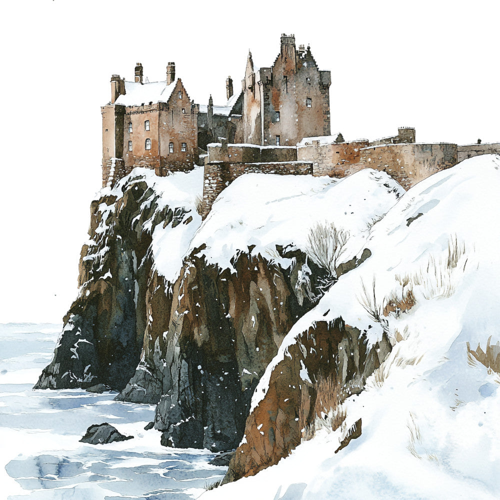 winter landscape, scottish castle, snow covered cliffs, watercolor style, coastal scene, medieval architecture, stone fortress, icy cliffs, fabric panel, quilting cotton, blue water, brown stone, white snow, gray sky, seaside castle, historical building, rocky coastline, winter theme, scenic panel, architectural design