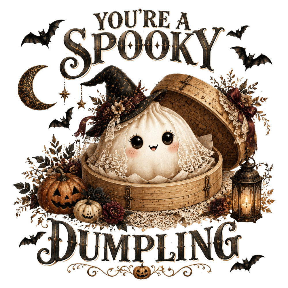 spooky, halloween, ghost, dumpling, whimsical, autumn, fall, harvest, pumpkin, witch hat, moon, bats, celestial, cream, tan, brown, rust, burgundy, vintage, rustic, floral, dried flowers, lace, cottage core, seasonal, trick or treat, jack-o-lantern, lantern, dark academia, gothic