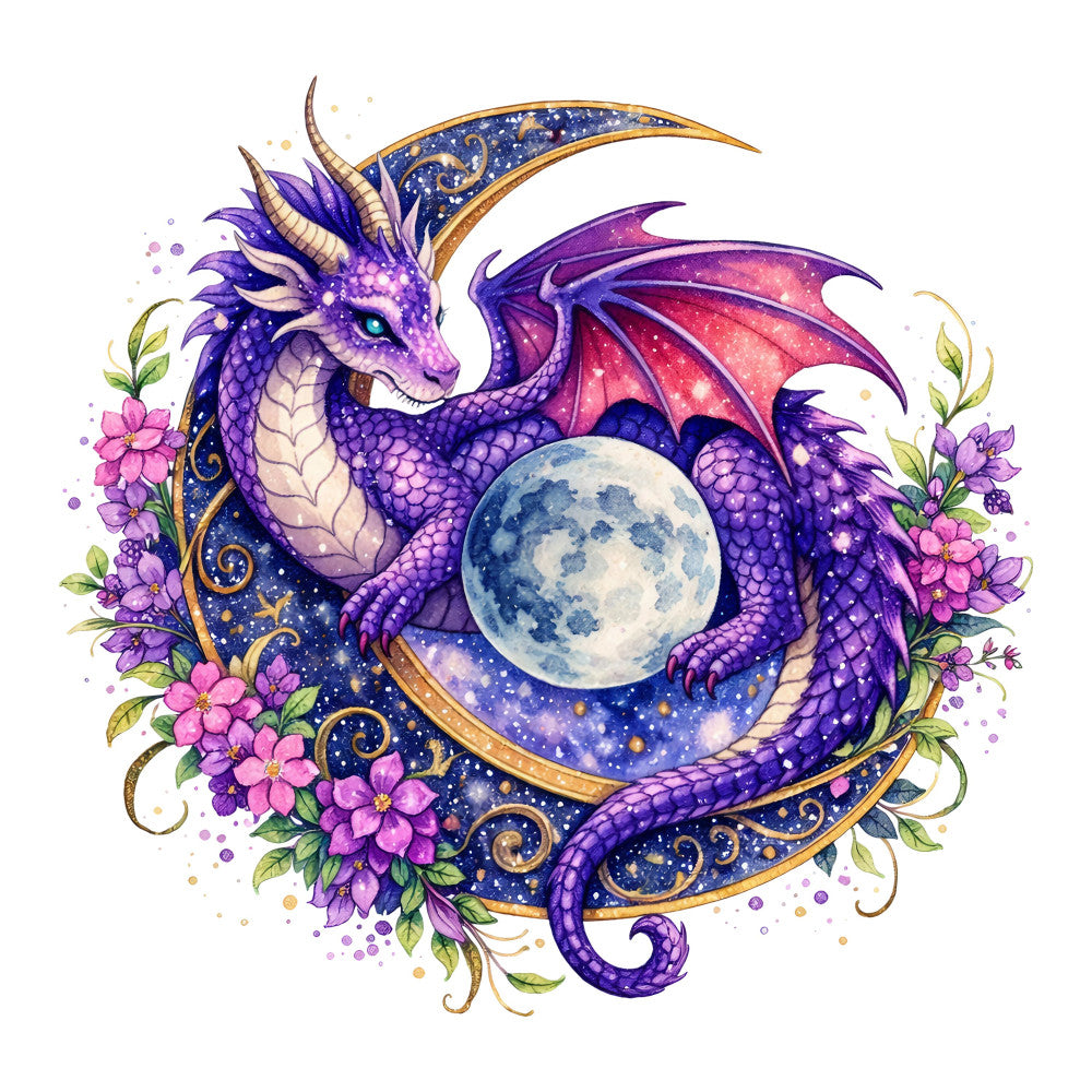 purple dragon, celestial, moon, starry night, fantasy, whimsical, magical, deep purple, violet, pink flowers, floral, gold accents, ornamental, elegant, mystical, cosmic, dragon motif, nature-inspired, bohemian, ethereal, enchanted, decorative border, scrollwork, dreamy, evening sky, lunar, winged creature, mystical beast, ornate details
