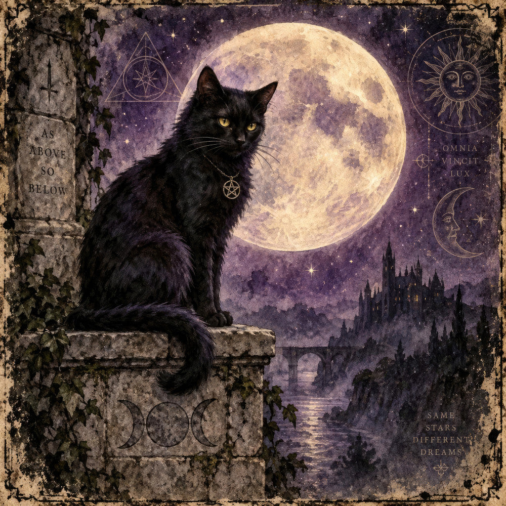 black cat, golden eyes, full moon, celestial, stars, mystical, witchy, gothic, dark purple, cream, sage green, magical, moon phases, pentagram, castle, night sky, spooky, occult, vintage, mysticism, bohemian, elegant, dark academia, moonlight, tarot, alchemy symbols, wall hanging, art panel, fantasy, enchanted
