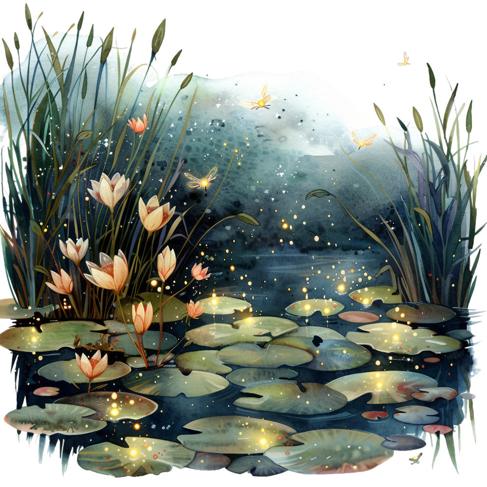 watercolor painting, summer pond, lily pads, lotus flowers, cattails, reeds, fireflies, golden lights, teal blue, sage green, cream white, coral pink, aquatic scene, nature landscape, serene mood, fabric panel, quilting cotton, botanical design, wetland flora, magical atmosphere