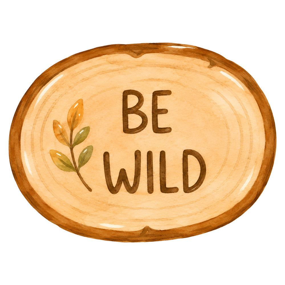 be wild, inspirational quote, motivational, natural wood, wood slice, warm tan, cream, beige, tan brown, nature, botanical, leaves, branch, rustic, farmhouse, whimsical, boho, bohemian, modern farmhouse, vintage inspired, earth tones, organic, minimalist, wall hanging, home decor, inspirational wall art, spring, summer, natural aesthetic, woodland