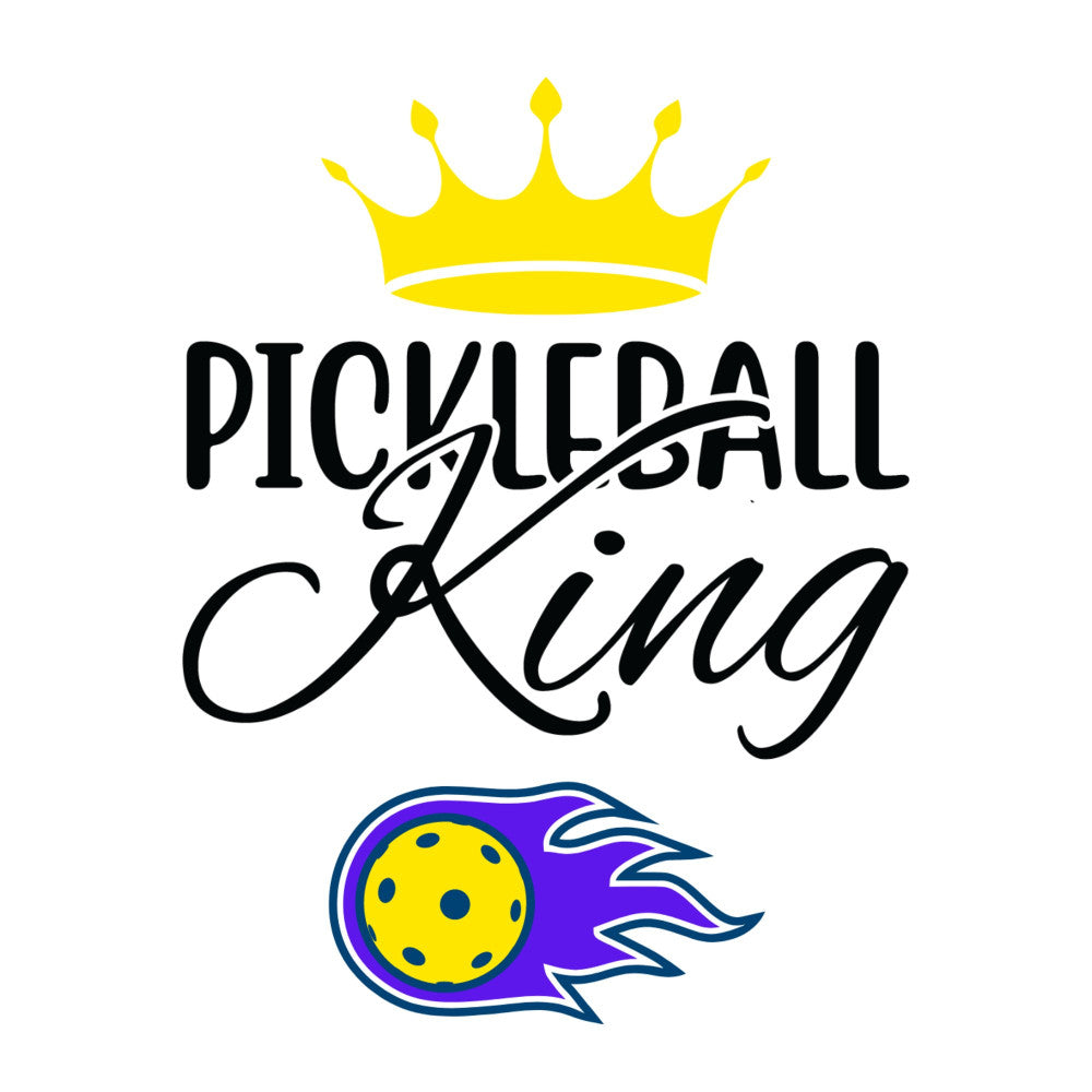 pickleball, sports, yellow, black, blue, purple, athletic, modern, casual, whimsical, playful, novelty, fun, paddle sports, games, racquet sports, crown, royalty, humorous, hobby themed, recreation, active lifestyle, contemporary, quirky, unisex, colorful, decorative, apparel, wall hanging, tote bag