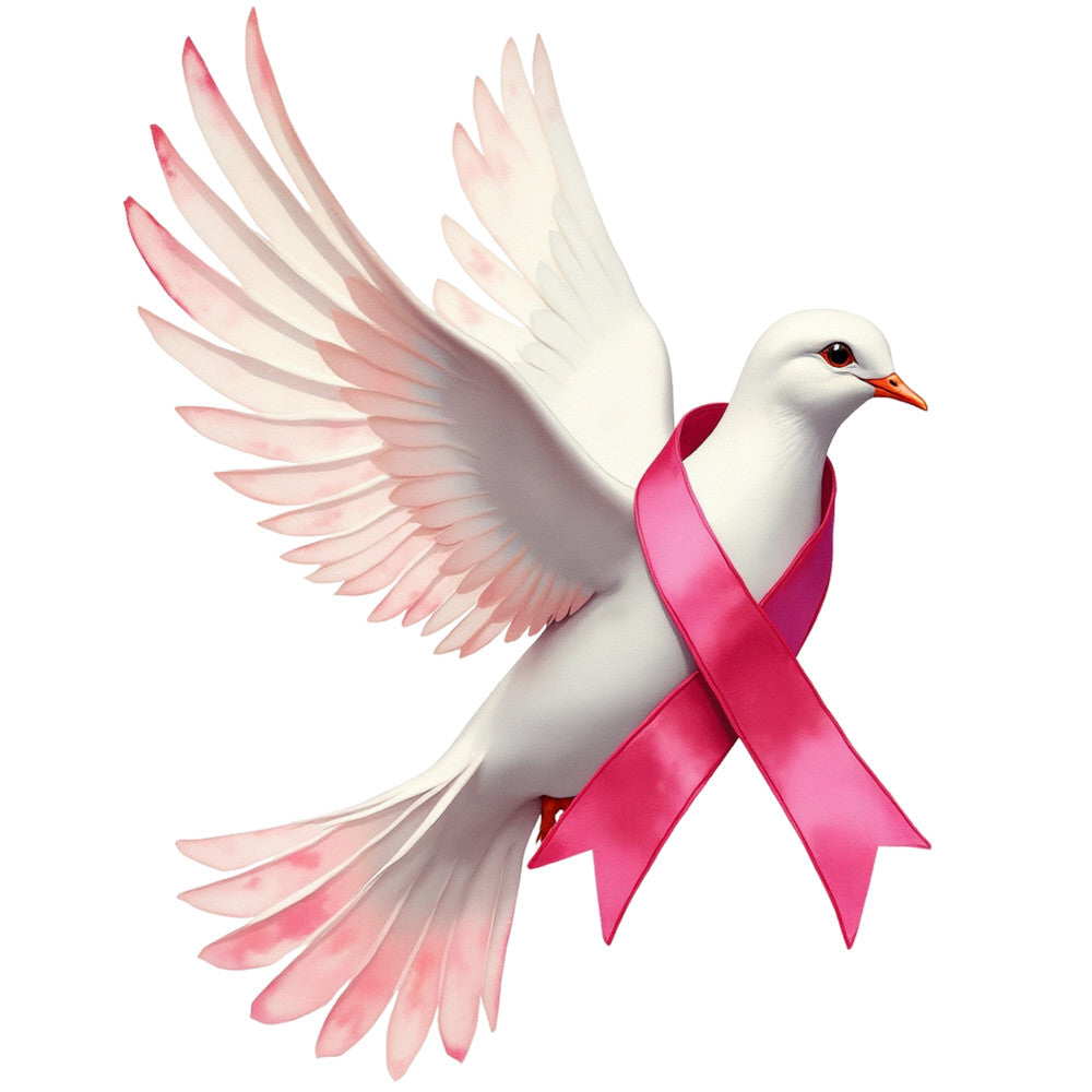 white dove, pink ribbon, breast cancer awareness, flying bird, spread wings, pink gradient, coral pink, white feathers, orange beak, red eyes, fabric panel, quilting cotton, awareness ribbon, hope symbol, medical awareness, bird in flight, soft pink, charitable theme, inspirational design, cotton fabric