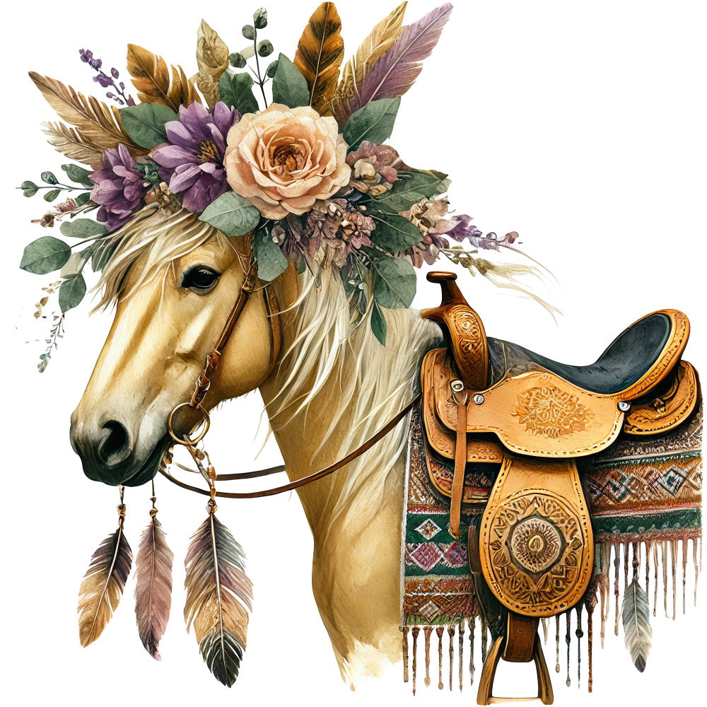 boho horse, palomino horse, floral crown, feathers, dreamcatcher, western saddle, fabric panel, watercolor style, earth tones, purple flowers, peach roses, tooled leather, fringe details, native american inspired, bohemian design, equestrian theme, cotton panel, quilting fabric, artistic illustration, nature elements