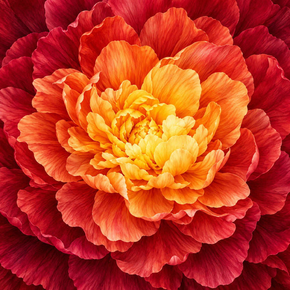 red peony, coral orange, golden yellow, deep red, ombre gradient, floral, botanical, flower, nature, elegant, romantic, traditional, garden, peony bloom, layered petals, warm tones, sunset colors, spring, summer, wedding, home decor, wall art, statement print, full bloom, close-up photography, detailed florals, vibrant colors, classic beauty
