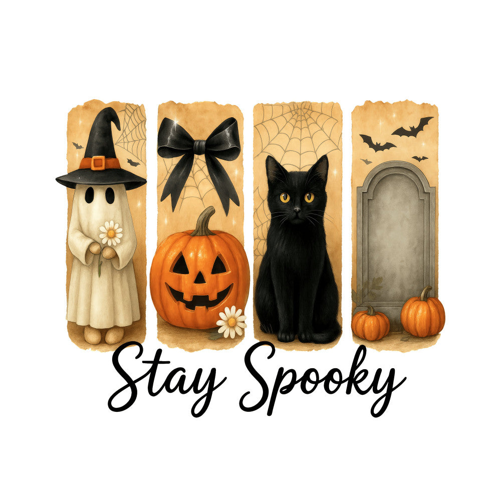 halloween, spooky, ghost, black cat, pumpkin, witch hat, autumn, fall, orange, cream, black, gold, whimsical, festive, seasonal, bats, spider web, jack-o-lantern, haunted house, stay spooky, holiday, trick-or-treat, october, gothic, cute halloween, wall hanging, decorative panel, children's, playful, vintage halloween