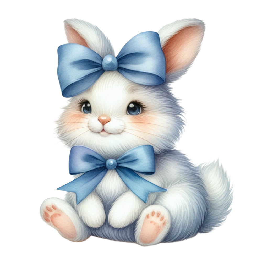 white bunny, blue bow, cute rabbit, pastel blue, soft pink, peach accents, whimsical animals, easter bunny, spring theme, baby animals, adorable character, children's fabric, nursery decor, sweet bunny face, ribbon bow, fluffy fur texture, gentle expression, baby quilt, nursery fabric, easter theme, spring animals, soft and sweet, playful design, girls fabric, decorative motif, charming character, long-eared bunny, decorative bow tie, pastel color palette, innocent and playful
