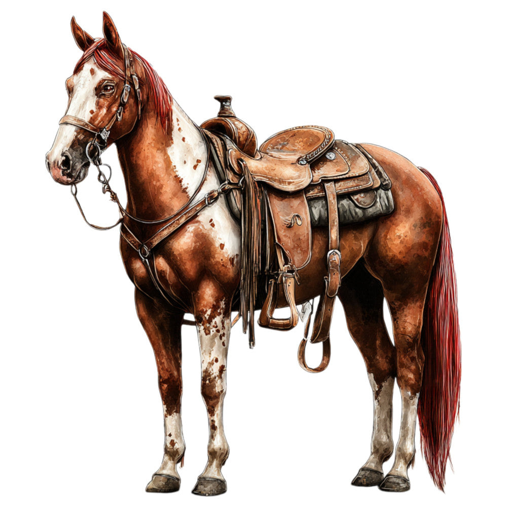 western saddle horse, brown and white horse, rust brown, cream white, equestrian, cowboy, ranch, farmhouse, western wear, leather saddle, country style, rustic western, traditional western, horse illustration, detailed horse art, vintage western, american west, working horse, saddle horse portrait, brown horse, realistic animal art, western culture, heritage breed, ranch animal, equine art, western aesthetic, traditional style, rural theme, nostalgic western