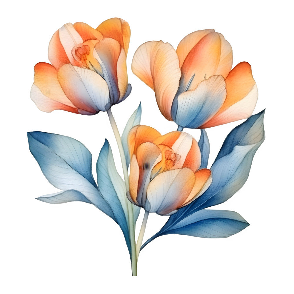 coral orange, peach, cream, ivory, soft blue, slate blue, navy blue, teal, watercolor, floral, tulips, botanical, nature, spring, summer, elegant, romantic, whimsical, painted flowers, gradient, ombre, delicate, garden, botanical illustration, soft colors, pastel, blossoms, flower panel, artistic, contemporary