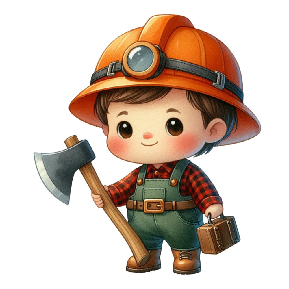 orange, red, forest green, plaid, flannel, lumberjack, woodworking, miner, coal mining, axe, tools, hardhat, vintage, rustic, farmhouse, whimsical, cute, character, boy, worker, adventure, outdoor, autumn, fall, brown, tan, leather, overall, checkered shirt, toolbox