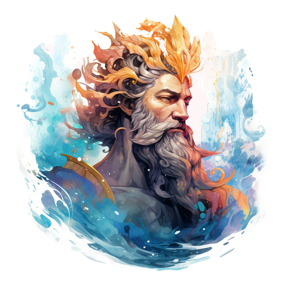 aqua blue, ocean waves, bearded man, flowing hair, golden crown, orange flames, watercolor style, maritime theme, sea god, turquoise water, coral tones, mythical character, fabric panel, quilting cotton, nautical design, swirling waters, fantasy art, ocean deity, flowing beard, water splashes