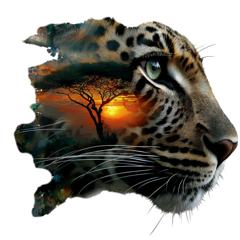leopard, wildlife, big cats, safari, nature, sunset, savanna, acacia tree, double exposure, animal portrait, gold, orange, amber, cream, black, forest green, teal, eye-catching, exotic, majestic, elegant, artistic, modern, wall art, home decor, nature lovers, adventure theme, wildlife enthusiast, dramatic, striking