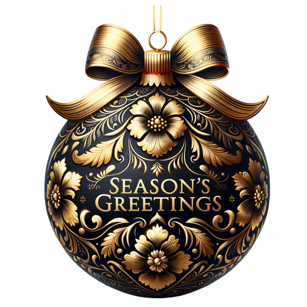 black, gold, metallic, ornate floral, baroque patterns, christmas ornament, decorative bow, elegant scrollwork, holiday motif, fabric panel, quilting cotton, seasonal design, luxurious finish, intricate detailing, festive sphere, golden ribbon, ornamental flowers, winter celebration, premium fabric, sophisticated style
