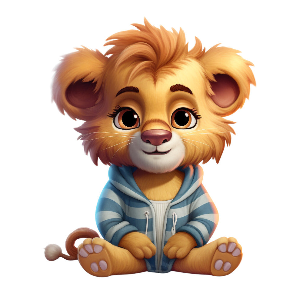 fabric panel, lion cub, baby animal, striped hoodie, blue stripes, white stripes, golden fur, orange fur, brown eyes, cute character, children's fabric, nursery theme, pajamas, sitting pose, soft illustration, cartoon style, quilting cotton, craft panel, adorable expression, fluffy mane