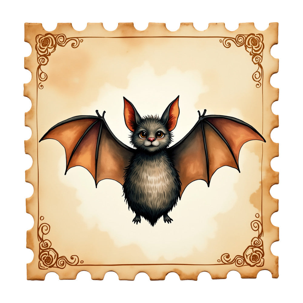 Halloween Postage Stamps Fabric Panel 13 featuring a detailed vintage-style postage stamp with a cute bat illustration on aged parchment background.