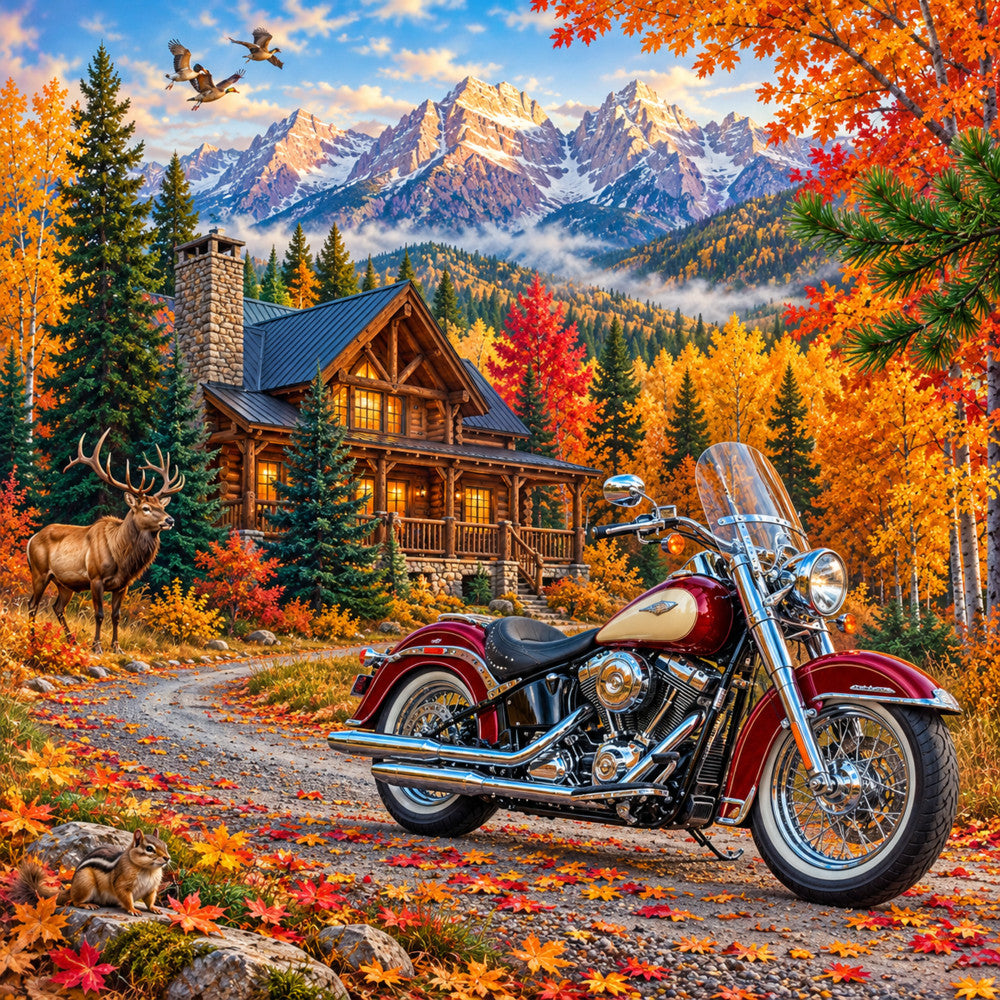 autumn, fall, mountain landscape, log cabin, motorcycle, harley, deer, elk, wildlife, nature scene, golden yellow, burnt orange, red, cream, forest green, deep blue, rustic, vintage, scenic, outdoor, adventure, lodge, cabin core, mountains, snow-capped peaks, autumn leaves, geese, birds, majestic, nostalgic