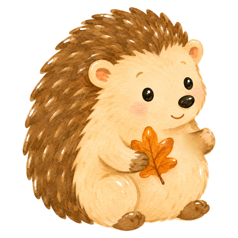 cute hedgehog, autumn leaves, fall theme, woodland animals, forest creatures, cream colored, tan brown, rust orange, whimsical style, children's design, baby quilt, nursery decor, nature theme, seasonal autumn, animal motifs, leaf pattern, warm earth tones, beige, chocolate brown, burnt orange, playful design, kid friendly, nature lovers, rustic charm, harvest time, cozy aesthetic, woodland theme, sweet animals