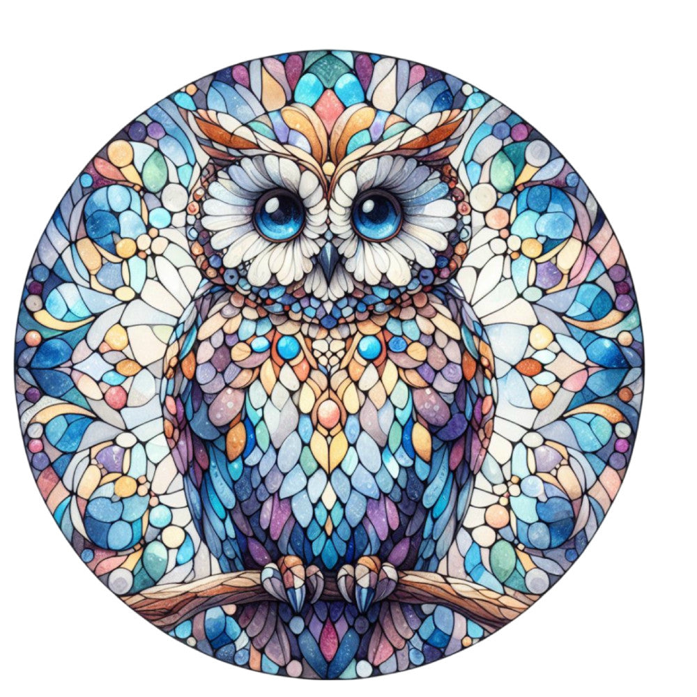stained glass, owl, circular panel, blue eyes, mosaic pattern, geometric design, vibrant colors, purple, turquoise, orange, pink, white, fabric panel, quilting cotton, mandala style, decorative art, wildlife motif, colorful feathers, branch perch, intricate details